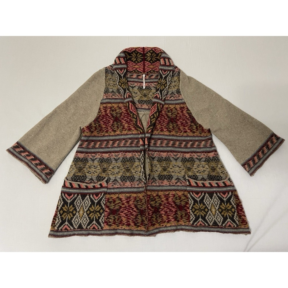 Free People Fair Isle Cardigan Sweater Medium Wool Boho Southwestern Aztec Artsy - Picture 1 of 9